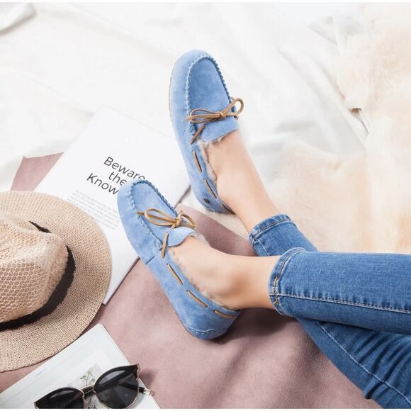 Womens UGG Moccasin Slippers Australian Sheepskin Wool Loafers Sky Blue Size 7 - Picture 1 of 15